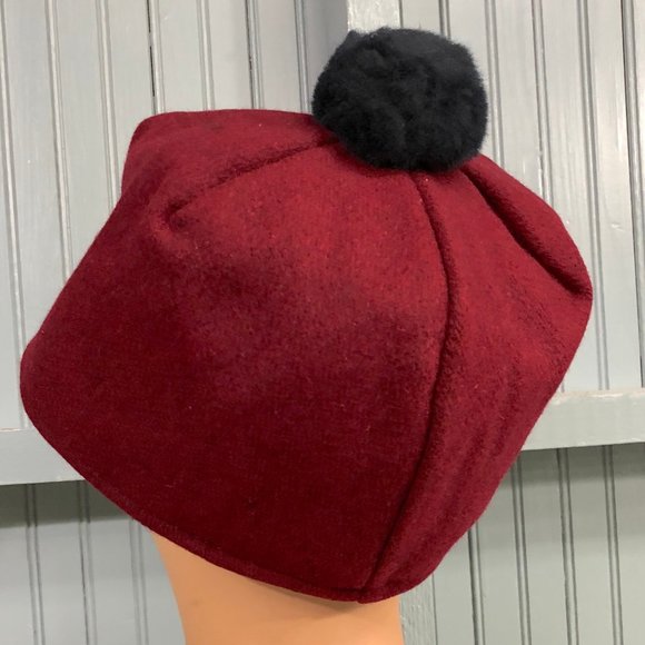 Wool 7 7/8 Pom Scotch Winter Hat Ear Flaps Langenberg Made USA - Picture 3 of 9